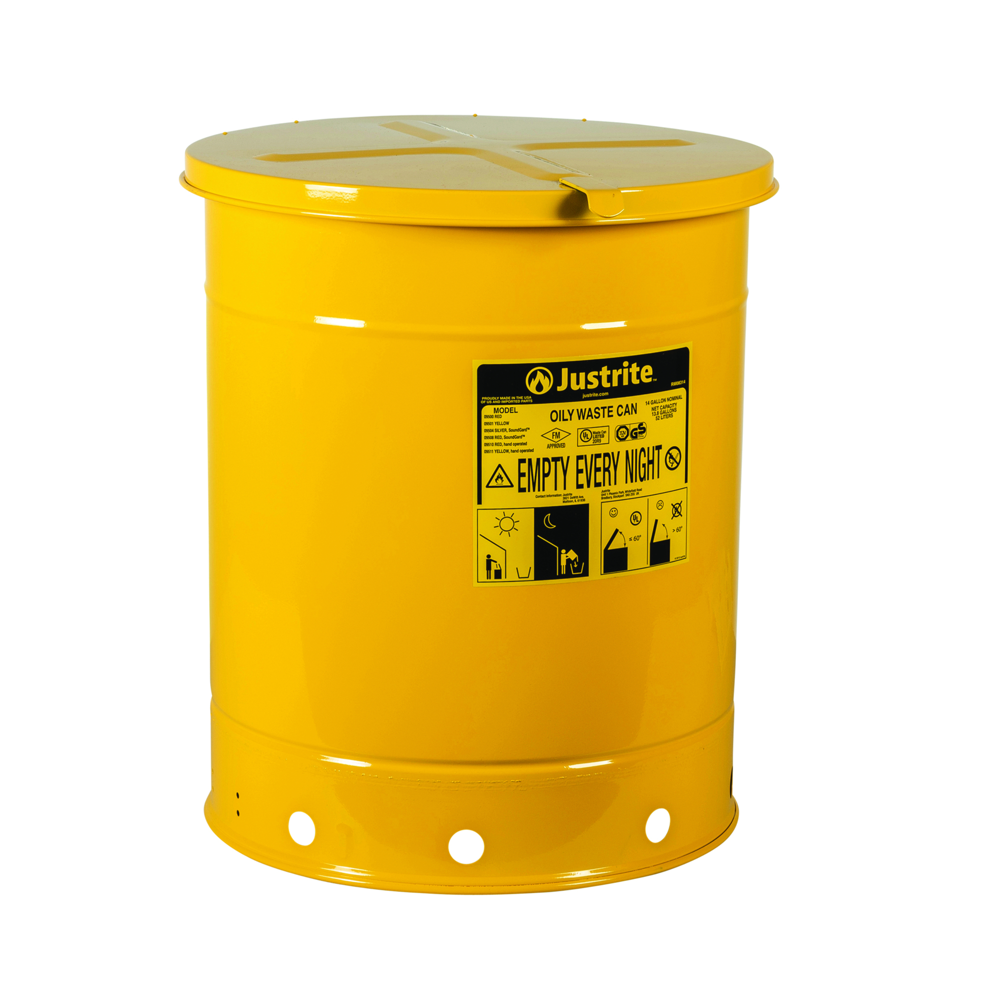 Justrite Oily Waste Can — 14-Gallon, Hand-Operated Cover, Yellow, Model# 09511